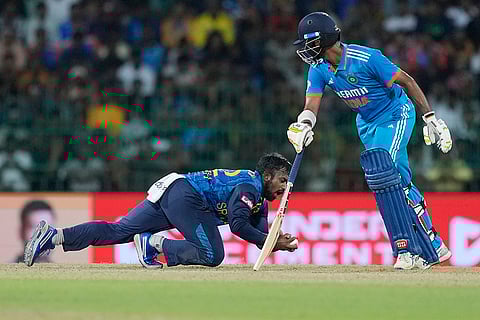 Charith Asalanka successfully takes a catch to dismiss Axar Patel